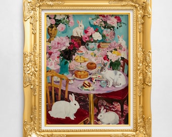 Whimsical Bunny Tea Party Art Print – Cottagecore Floral Wall Decor with Rabbits & Pastries, Playful Vintage-Inspired Illustration