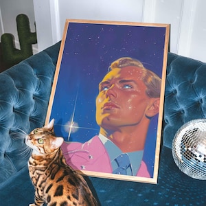 Stampa artistica di Retro Space Man – Ritratto di galassia pastello, poster di fantascienza di metà secolo, pop art cosmica sognante per interni moderni