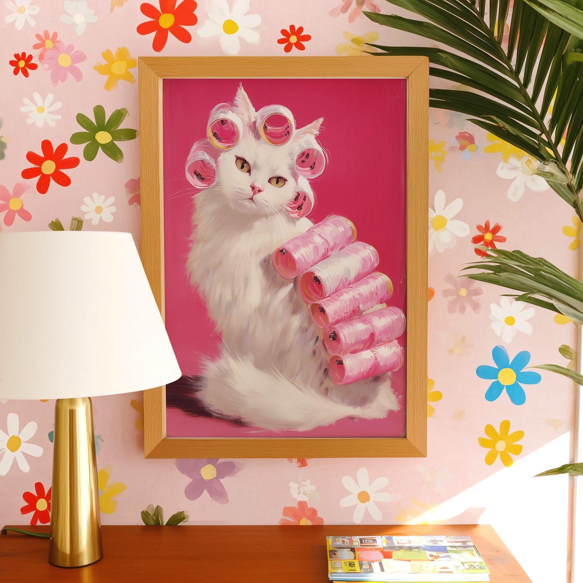 面白い猫のウォールアートプリント、ホットピンクの背景にピンクのヘア