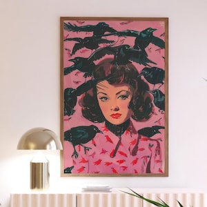 Art mural fille gothique - Impression pop art rétro avec oiseaux noirs, art sombre et fantaisiste d&#39;inspiration vintage pour des espaces audacieux et avant-gardistes