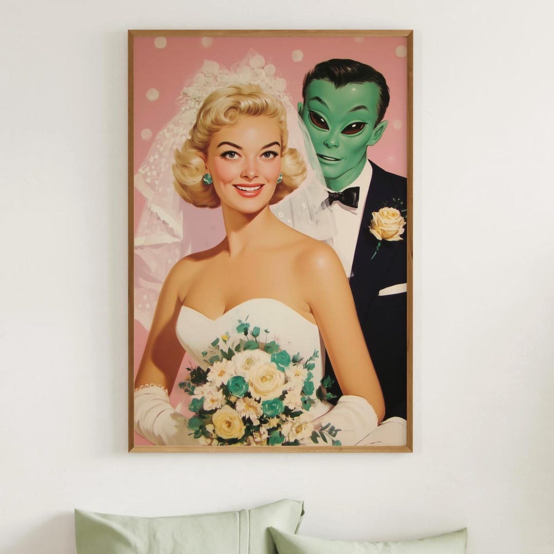 Retro Alien Wedding Art Print – 1950s Bride With Green Alien Groom ...
