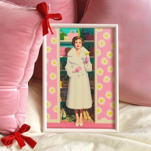 Stampa artistica Glam Closet - Illustrazione di moda ispirata al vintage con Martini, decorazione da parete retrò con margherite rosa, arte da parete glamour in stile pulp