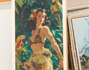 May include: A vintage illustration of a woman in a jungle setting. She is wearing a leopard print bikini top and a sarong. She is holding a knife in one hand and a parrot is perched on her shoulder. The background is lush green foliage with a second parrot in the upper right corner.