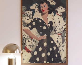 Dalmatian Glam Fashion Art Print – Retro Polka Dot Lady with Dalmatians, Vintage Wall Art for Dog Lovers and Bold Interiors, Small to Large