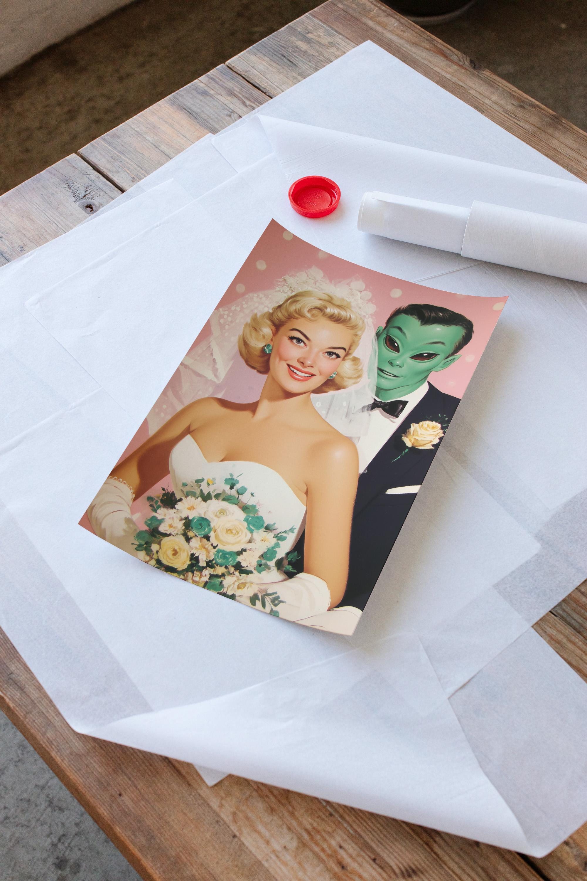 Retro Alien Wedding Art Print – 1950s Bride With Green Alien Groom ...