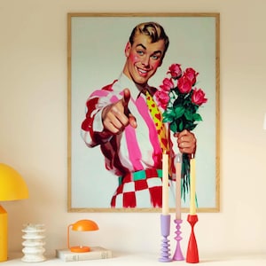 Retro Valentine Art Print – 1950s Heartthrob Holding Roses and Pointing, Kitsch Pop Art Wall Decor with Vintage Charm