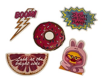 Cute Sticker Pack 5pcs Funny Kawaii Vinyl Stickers Donut, Bunny & Positive Quote Stickers Laptop Water Bottle Journal Decals 2x3 Inch