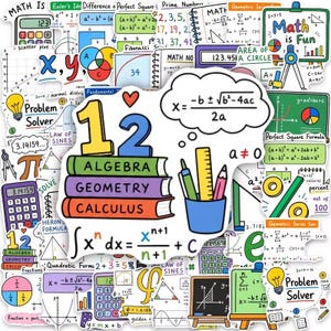 May include: A collection of colorful math-themed stickers featuring various formulas, calculators, geometric shapes, and educational text like Algebra, Geometry, Calculus, and Math is Fun, arranged in a dense, overlapping collage pattern.