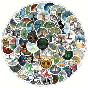 May include: A set of 50 round stickers featuring colorful tree of life designs. The stickers are perfect for decorating laptops, water bottles, journals, and more.