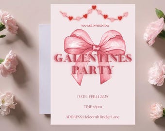 Galentines Girls Night Invitation Template Printable Galentines Party Invitation Coquette Pink Bow Valentine's Day Red Heart Galentine's Day