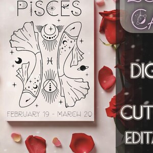 PISCES Sternzeichen Grußkarten BUNDLE Geburtstagskarte Set | Druckbar, Digital, Personalisieren, E-Karte, Cut Craft | Süßes Sternzeichen Fische mit Datumsangaben