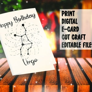 Tarjeta de cumpleaños del zodíaco - Tarjeta de felicitación festiva del zodíaco imprimible - Archivos editables pdf, jpg, svg, eps - Imprimir, personalizar, hacer una tarjeta electrónica o cortar