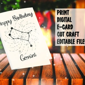 Tarjeta de cumpleaños de Géminis - Tarjeta de felicitación festiva del zodíaco imprimible - Archivos editables pdf, jpg, svg, eps - Imprimir, personalizar, hacer una tarjeta electrónica o cortar