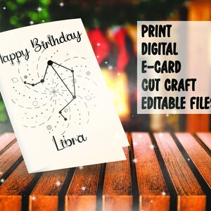 Cartão de aniversário do zodíaco de Libra - Cartão de felicitações do zodíaco para impressão - pdf, jpg, svg, eps - Imprimir, personalizar, cartão eletrônico ou cortar artesanato