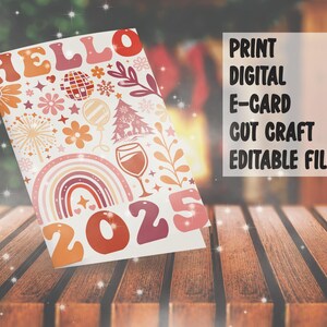 Carte de voeux de nouvel an 2025 - carte vintage pour les fêtes de fin d'année imprimable - fichiers modifiables pdf, jpg, svg, eps - impression, personnalisation, carte électronique, découpe artisanale