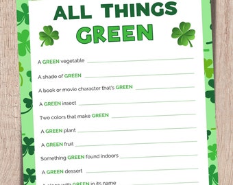 All Things Green Game, St. Patricks Day Game, Printable St Patricks Games For Kids, Party Game, Classroom Game, Instant Download