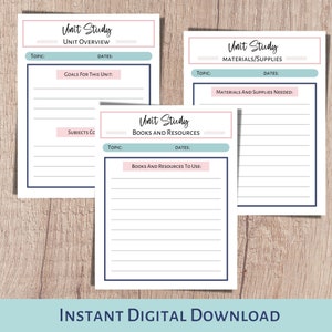Unit study planner and subject and curriculum planner. A printable planner for homeschool planning, lesson planner, and classroom use.