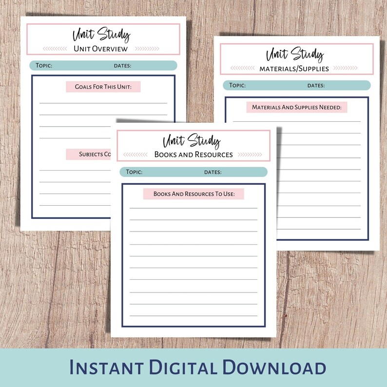 Unit study planner and subject and curriculum planner. A printable planner for homeschool planning, lesson planner, and classroom use.