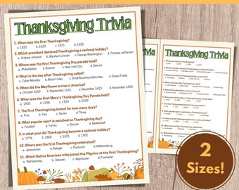 May include: A printable Thanksgiving trivia game with questions about the history of the holiday. The game features a fall theme with illustrations of pumpkins, leaves, and acorns.