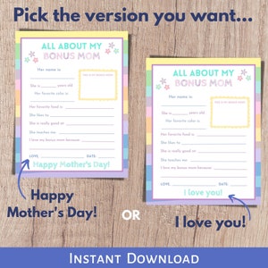All about my bonus mom printable mothers day gift. Stepmom printable gift from kids.