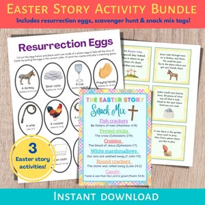 Easter Story Printables, Easter Activity, Resurrection Eggs, Easter Scavenger Hunt, Easter Story Snack Mix, Sunday School, Holy Week Kids