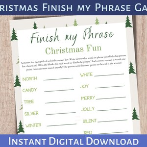 Finish my Phrase, Christmas Party Game, Printable Holiday Game, Office Party Christmas Game, Family Printable Game,