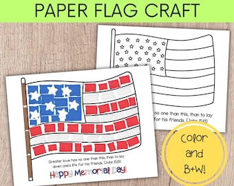 Torn Paper Craft, Flag Craft for Kids, Memorial Day Craft, Fingerprint Craft, Bible Lesson for Kids, Religious Coloring Page, Bible Craft