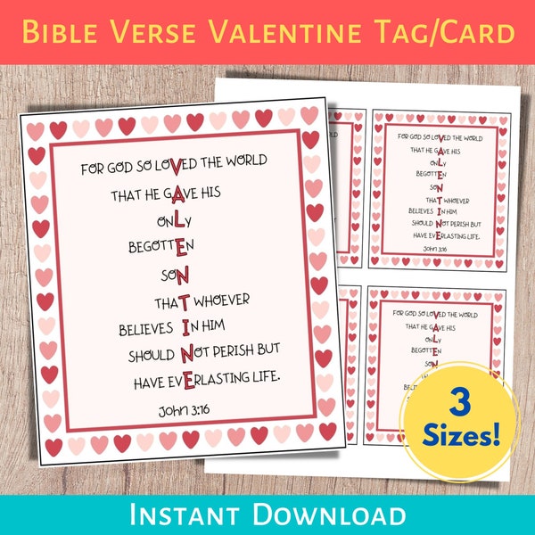 John 3:16 Valentine, Printable Bible Verse Valentine, Christian Valentine, Scripture Valentine Handout, Valentine Tag, Religious Valentine