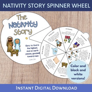 May include: A printable Nativity story spinner wheel with colorful illustrations and scripture verses. The wheel features a star, angels, shepherds, wise men, and the manger scene. The text includes "Glory to God in the highest, And on earth peace, goodwill toward men!" and "Luke 2:14".