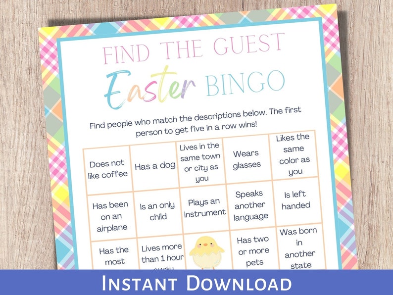 Easter Games Printable, Find the Guest Bingo, Easter Games for Adults