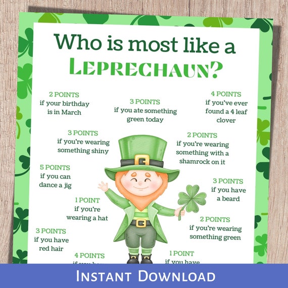 St. Patricks Day Games Printable, Who Is Most Like a Leprechaun Game, St. Patricks Day Games For Adults, Group Game, St Patricks Activity