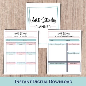 Unit study planner and subject and curriculum planner. A printable planner for homeschool planning, lesson planner, and classroom use.