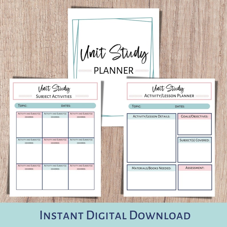 Unit study planner and subject and curriculum planner. A printable planner for homeschool planning, lesson planner, and classroom use.