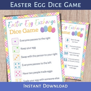May include: Printable Easter egg exchange dice game with instructions for each number rolled. The game includes colorful pastel eggs and a plaid background.