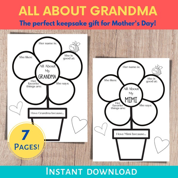 Printable Mother's Day Gift for Grandma, All About My Grandma, Mother's Day Gift, Gifts for Mimi, Gift From Grandkids, Mother's Day Keepsake