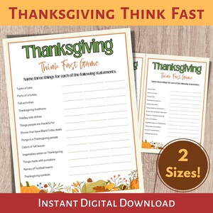 Thanksgiving Think Fast Game, Fall Trivia Game, Thanksgiving Games, Fall Printable Games, Thanksgiving Trivia, Think Fast, Fall Party Game,