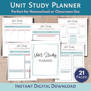 Puede incluir: Un planificador de estudio de unidad imprimible de 21 páginas. El planificador incluye secciones para la planificación semanal, la planificación de proyectos y actividades, la red de ideas y la descripción general de una página. El planificador está diseñado para su uso en el hogar o en el aula.
