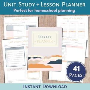 May include: A printable homeschool lesson planner with 41 pages. The cover features an abstract design with peach, pink, and blue waves. The text "Lesson Planner" is in a gray box.