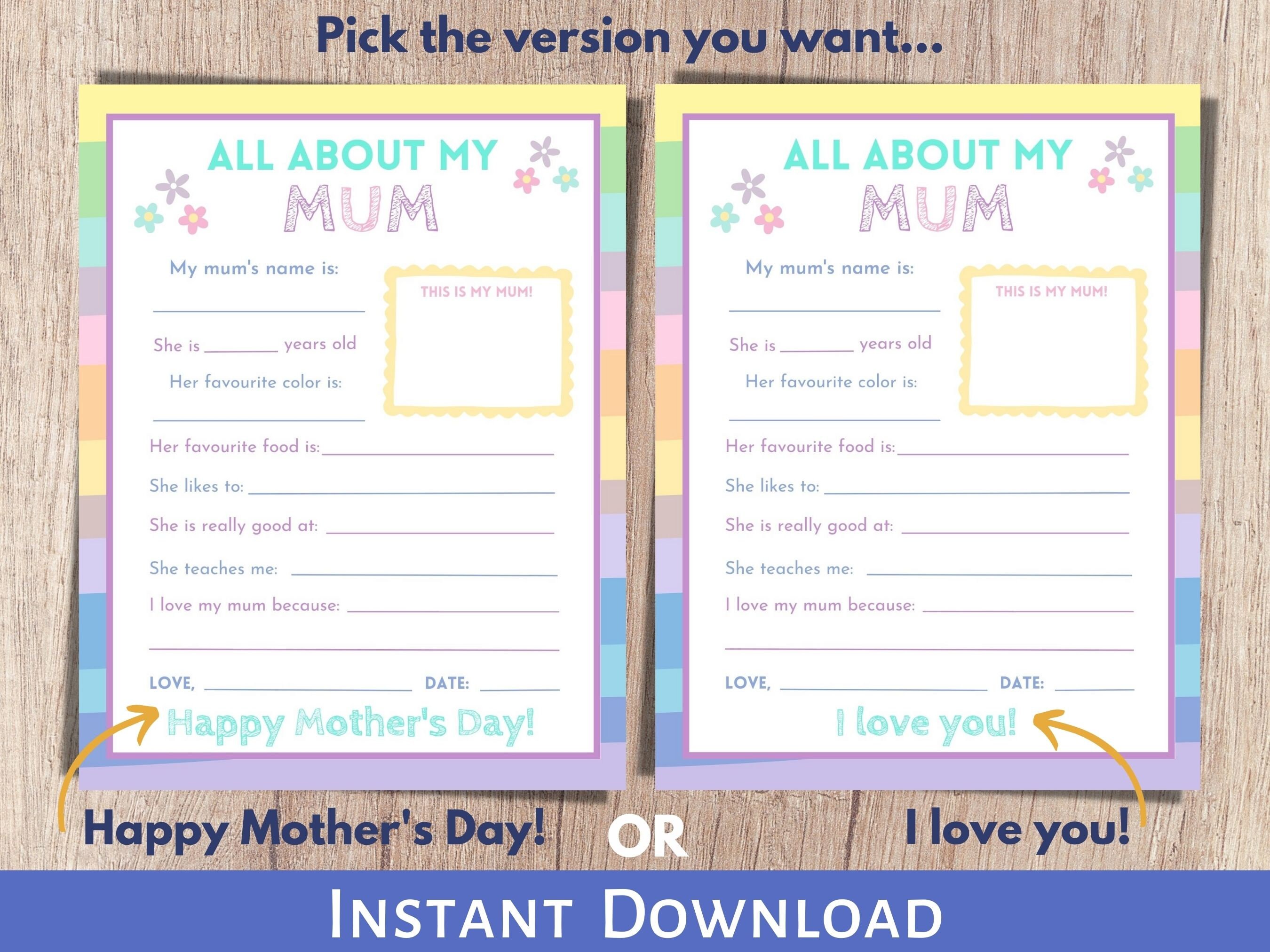 All About My Mum Printable, Printable Mother's Day Gift, Mom ...
