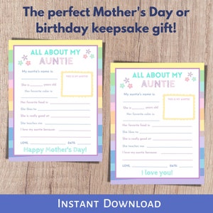 All about my aunt or auntie printable mothers day or birthday questionnaire personalized gift.