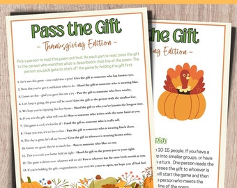 Thanksgiving Games, Pass the Gift Poem, Thanksgiving Games Printable, Pass the Gift Game, Fall Game, Family Game Night, Family Reunion Games