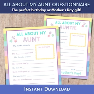 Questionário Tudo sobre Minha Tia, Presente de Dia das Mães para impressão, Atividade de Dia das Mães, Presente de Dia das Mães personalizado para tia ou tia