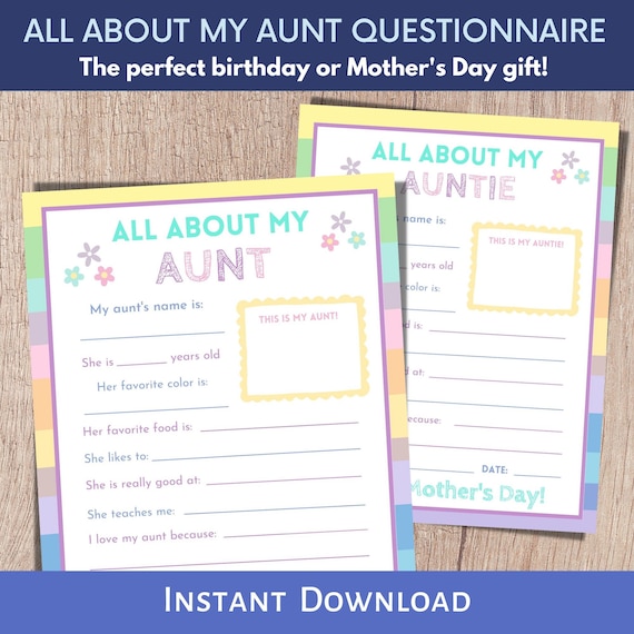 All About My Aunt Questionnaire, Printable Mother's Day Gift, Mother's Day Activity, Personalized Mother's Day Gift For Aunt or Auntie