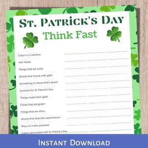 Think Fast Game, St. Patricks Day Game, St. Patricks Day Trivia, St. Patricks Games Printable, Party Game, Family Game, Instant Download