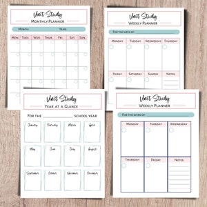 Unit study planner and subject and curriculum planner. A printable planner for homeschool planning, lesson planner, and classroom use.