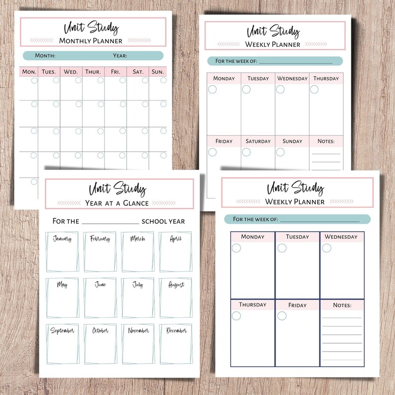 Unit study planner and subject and curriculum planner. A printable planner for homeschool planning, lesson planner, and classroom use.