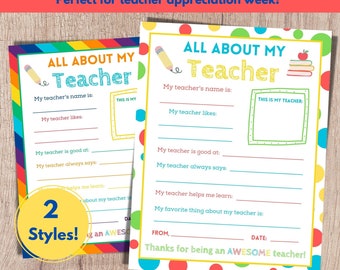 All About My Teacher, Teacher Appreciation Week, Teacher Letter, Thank You For Being a Great Teacher Fill In, End of Year Teacher Gift