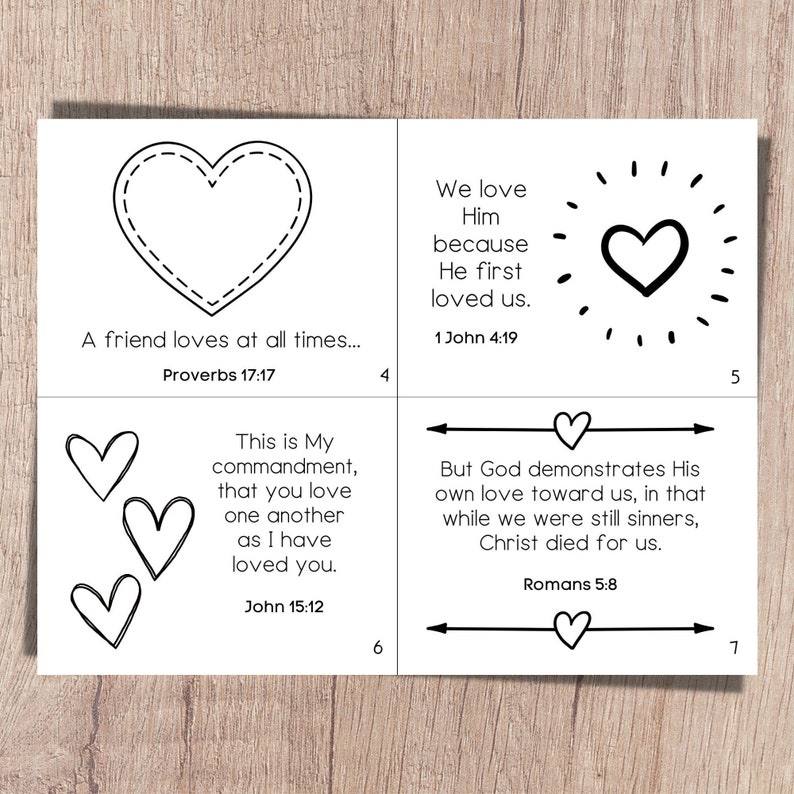 Printable Bible coloring pages for valentines as a mini book on God's love.