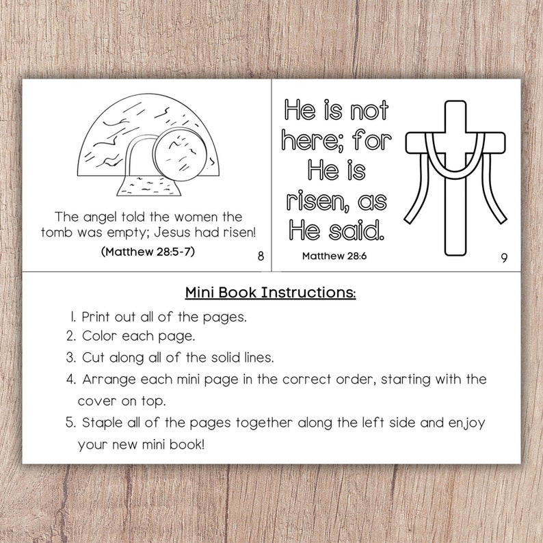 Printable Easter story coloring mini book as a holy week or Easter Sunday craft activity.