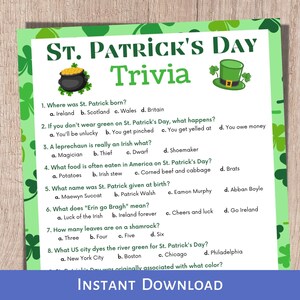 St. Patrick&#39;s Day Trivia, St. Patrick&#39;s Game, Trivia Game, Printable Game, Adult Trivia Game, Party Game, St. Patrick&#39;s Day Activity